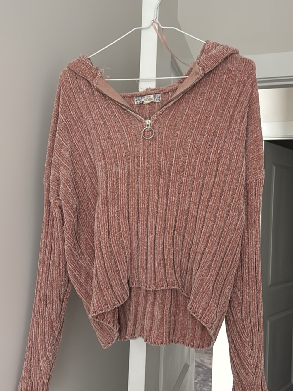 Ribbed Half-Zip Hoodie Sweater in Dusty Rose